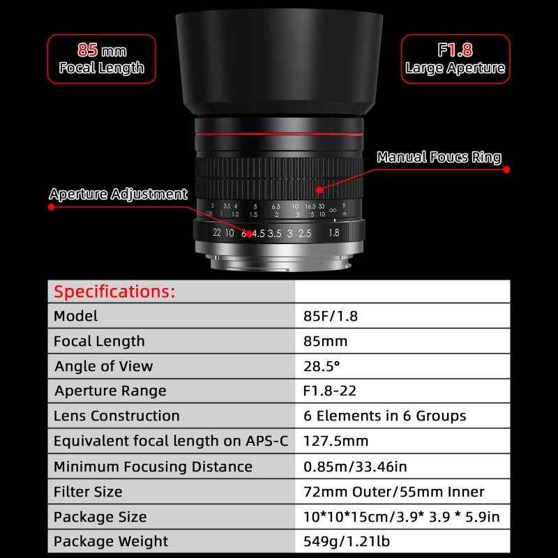 Lightdow EF 85mm f1.8 Portrait Lens - MF for Canon EOS Rebel T8i/T7i/T7/T6i/T5/T3i/T3/T2i/XSi/XS/SL3/SL2/T100/90D/80D/70D/50D/5D Mark IV/6D II/7D II/1D X III II-Manual Focus DSLR Cameras Lenses(EF/EF-S Mount) - Image 5